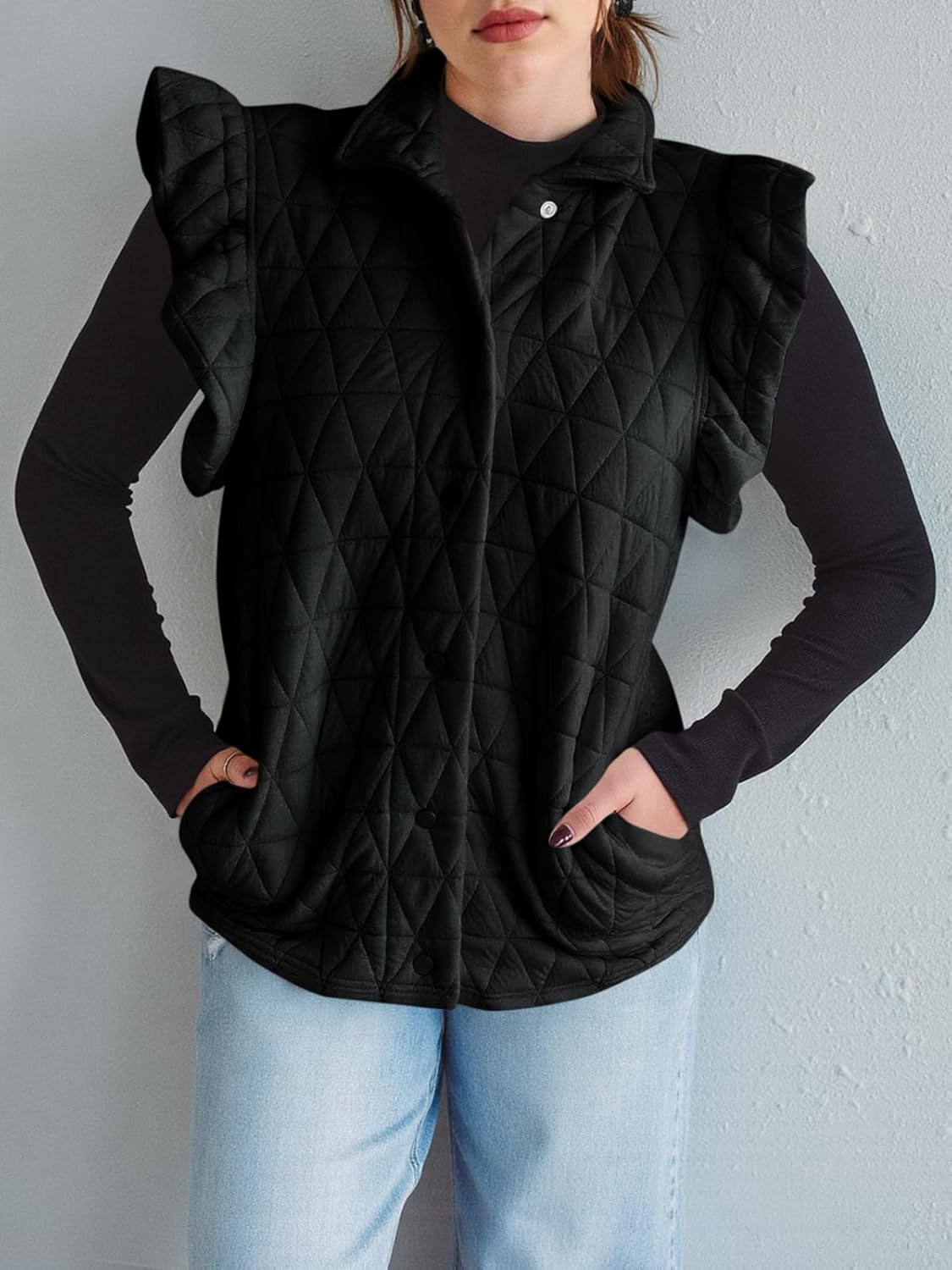 Cicy Bell Women Ruffles Puffer Vest Sleeveless Button Down Padded Jacket Gilet Trendy Spring Outerwear - Image 5