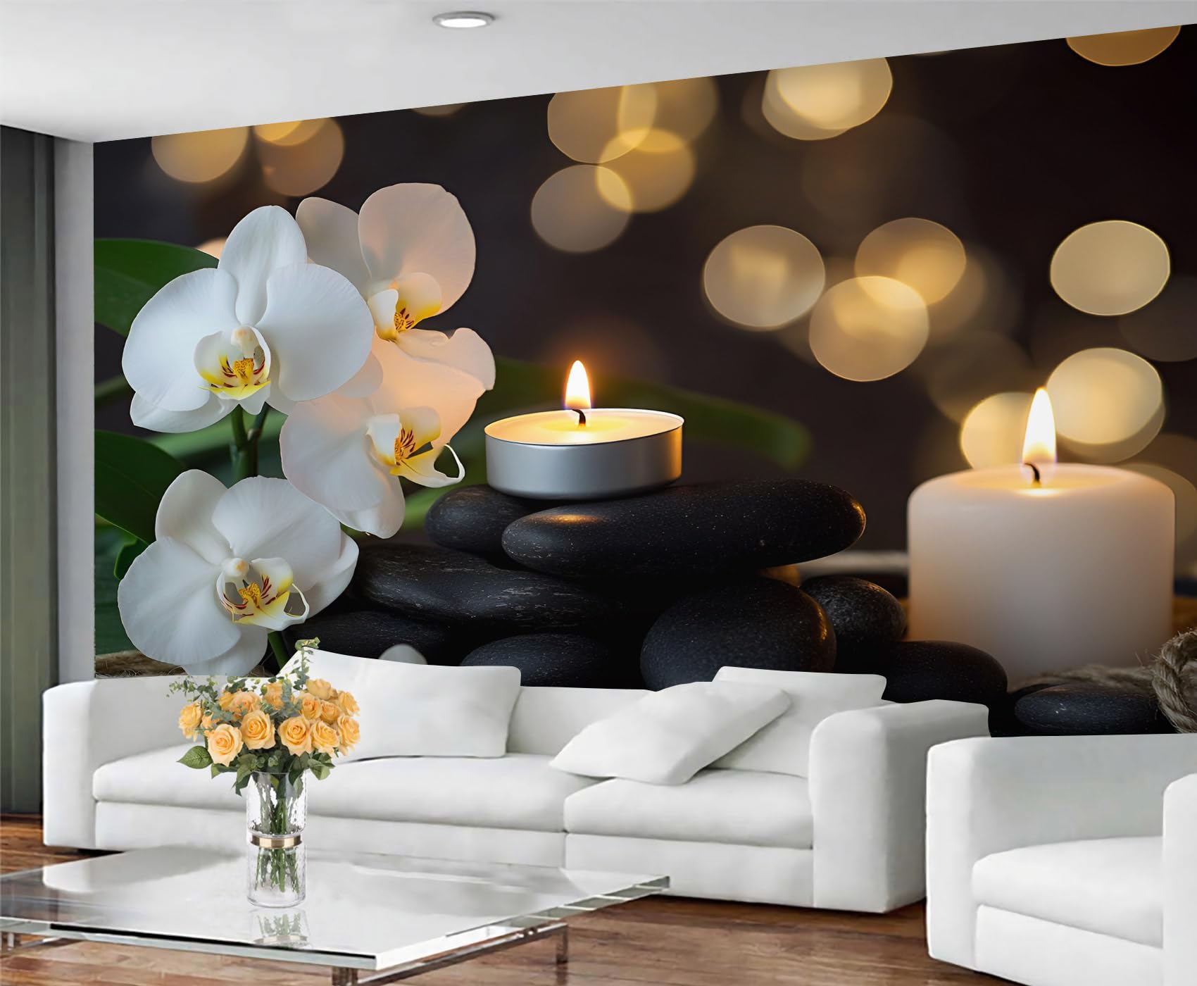 GIVLWF Spa Orchids Wallpaper & Wall Decor, White Flowers Bedroom Wallpaper, Lit Candles Wall Paper for Living Room, Relaxing Scene Large Mural - Non Self Adhesive