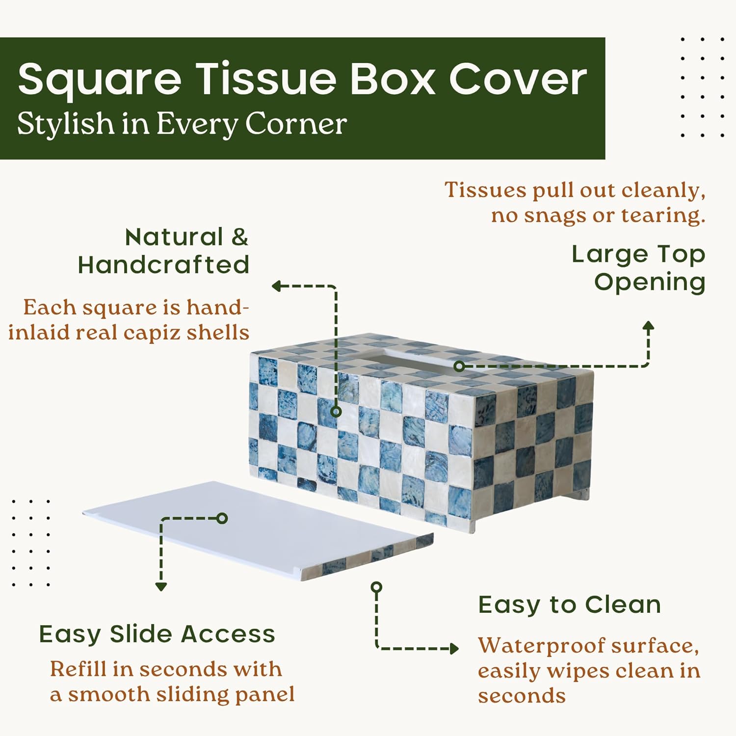 CHI AN HOME Rectangle Checkered Tissue Box Cover Handmade with Capiz Shells, Decorative Tissue Box Holder for Living Room, Bathroom or Kitchen Counter (Navy Blue)