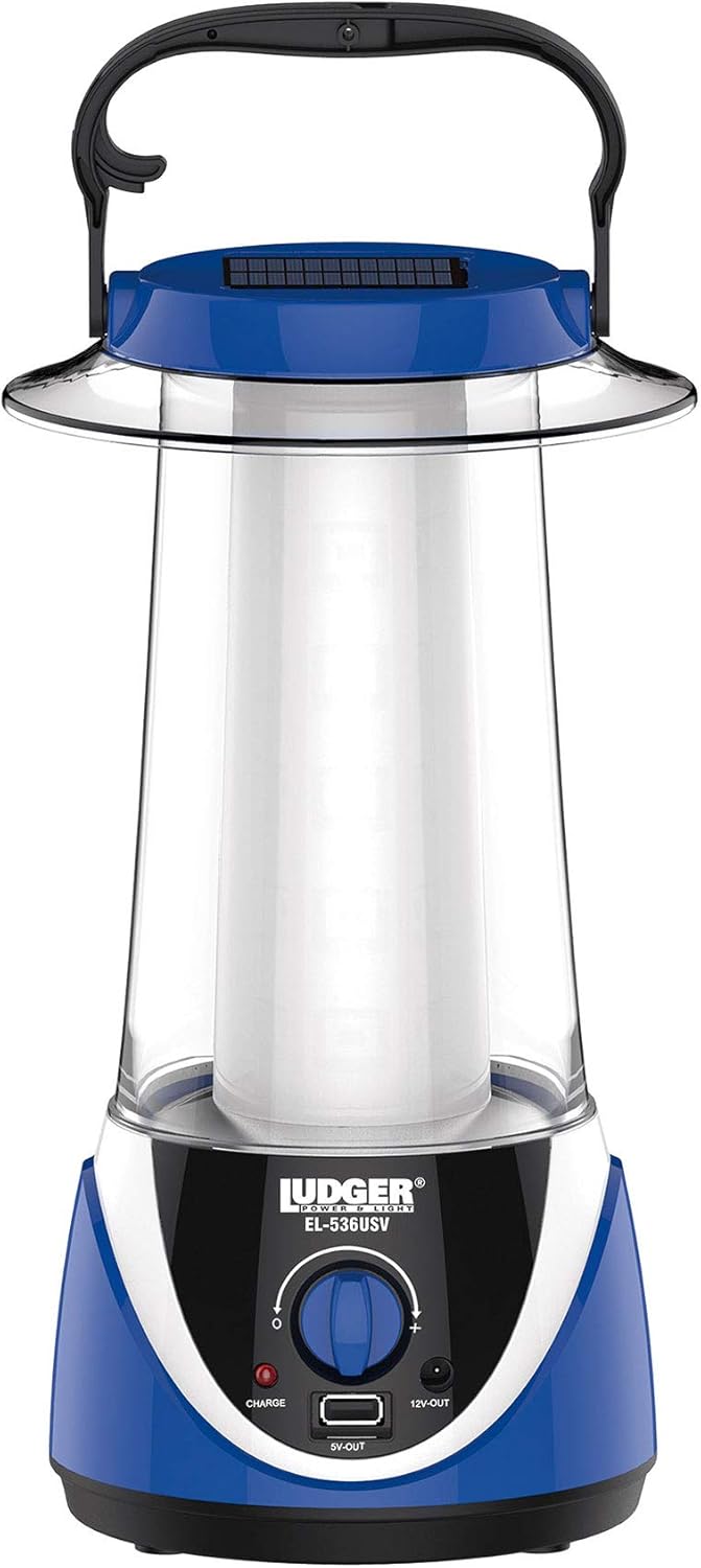 Ludger EL-536USV Power and Light Electric/Solar Panel Rechargeable Emergency Camping Light Lantern with Dimmer Switch, Survival Gear and Equipment, Blue