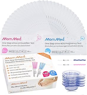 MomMed Ovulation Predictor Kit (HCG25-LH100), with 25 Pregnancy Test and 100 Ovulation Test Strips, Easy to Use Ovulation and Pregnancy Tests with 125 Urine Cups, Accuracy Fertility Test, OPK Test