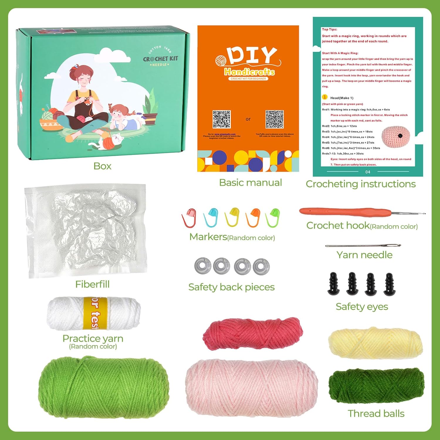 Howie's Needepoint Crochet Kits, 2pcs Crochet Kit for Beginners Adults with Step-by-Step Instructions and Video Tutorials, Amigurumi Crochet Kits (Pink and Green Dinosaurs)