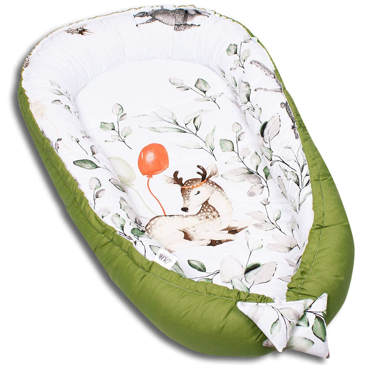 PaLulli 5 Parties Ensemble nid Douillet Comprenant nid bébé 90x50 Insert Amovible, Couverture Doudou, Oreiller Cervical, Oreiller Plat pour bébé, 100% Coton Oeko TEX (Bambi Oliv)