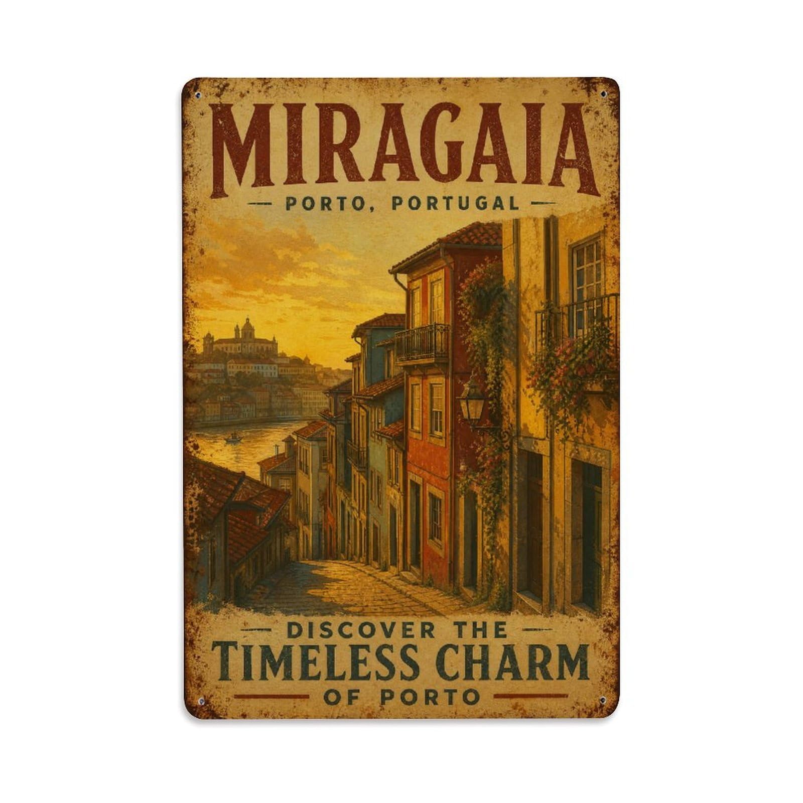 Vintage Travel Miragaia Sunset Golden Light Narrow Lanes Portugal Metal Tin Sign Wall Decor for Cafe, Club, Garden Metal Poster 8x12Inch