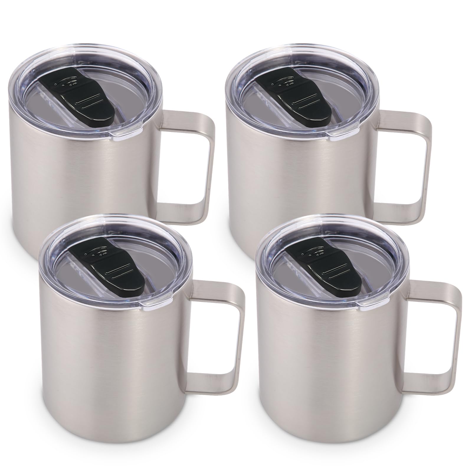 Volhoply Lot de 4 tasses à café isothermes en acier inoxydable avec couvercle – Tasse à café de voyage à double paroi avec poignée – Gobelet isotherme réutilisable en métal pour le camping – Cadeau de