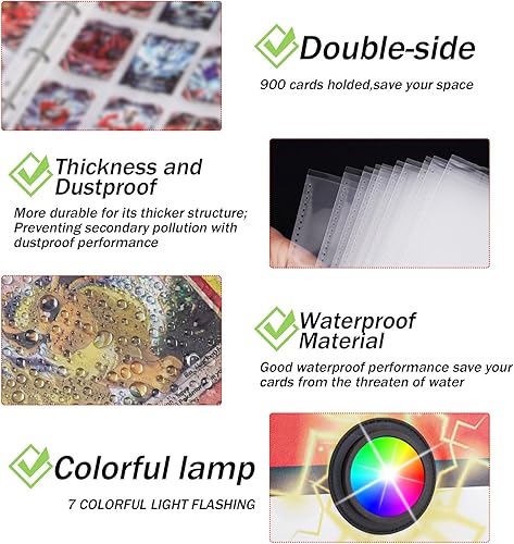 Miniatura 3 de Carpeta de tarjetas con 9 bolsillos, carpeta de tarjetas intercambiables, con 7 carpetas de tarjetas intermitentes de luz colorida, capacidad de 900