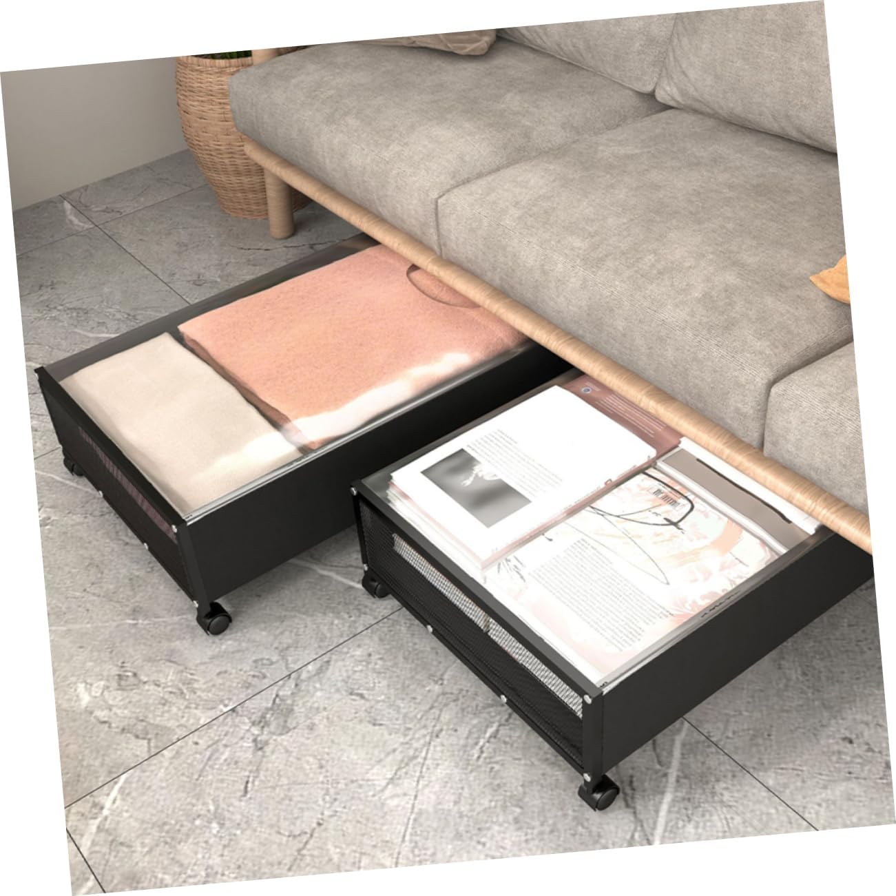 Garneck Roller Bed Bottom Basket Blankets Container Rolling Toy Storage Bed Clothes Organizer Storage Bins Storage Cart Clothes Storage Holder Storage Shelf Non-woven Fabric Black