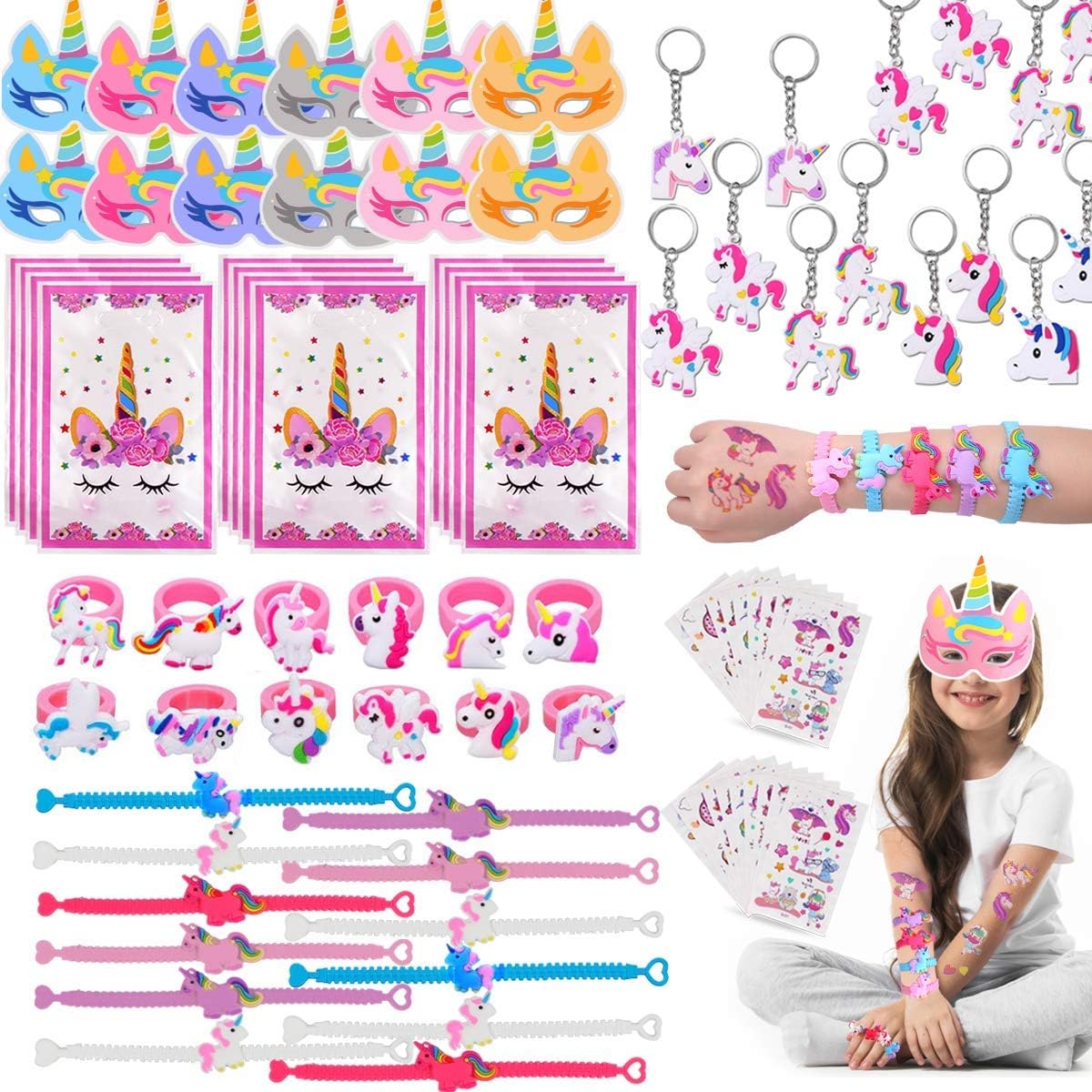 POKONBOY 72 Pack Unicorn Party Favors Supplies for Kids Unicorn Party Favor Bags, Masks, Rings, Necklace, Keychains, Tattoos Kids Girls Birthday Novel Rainbow Gifts Toys