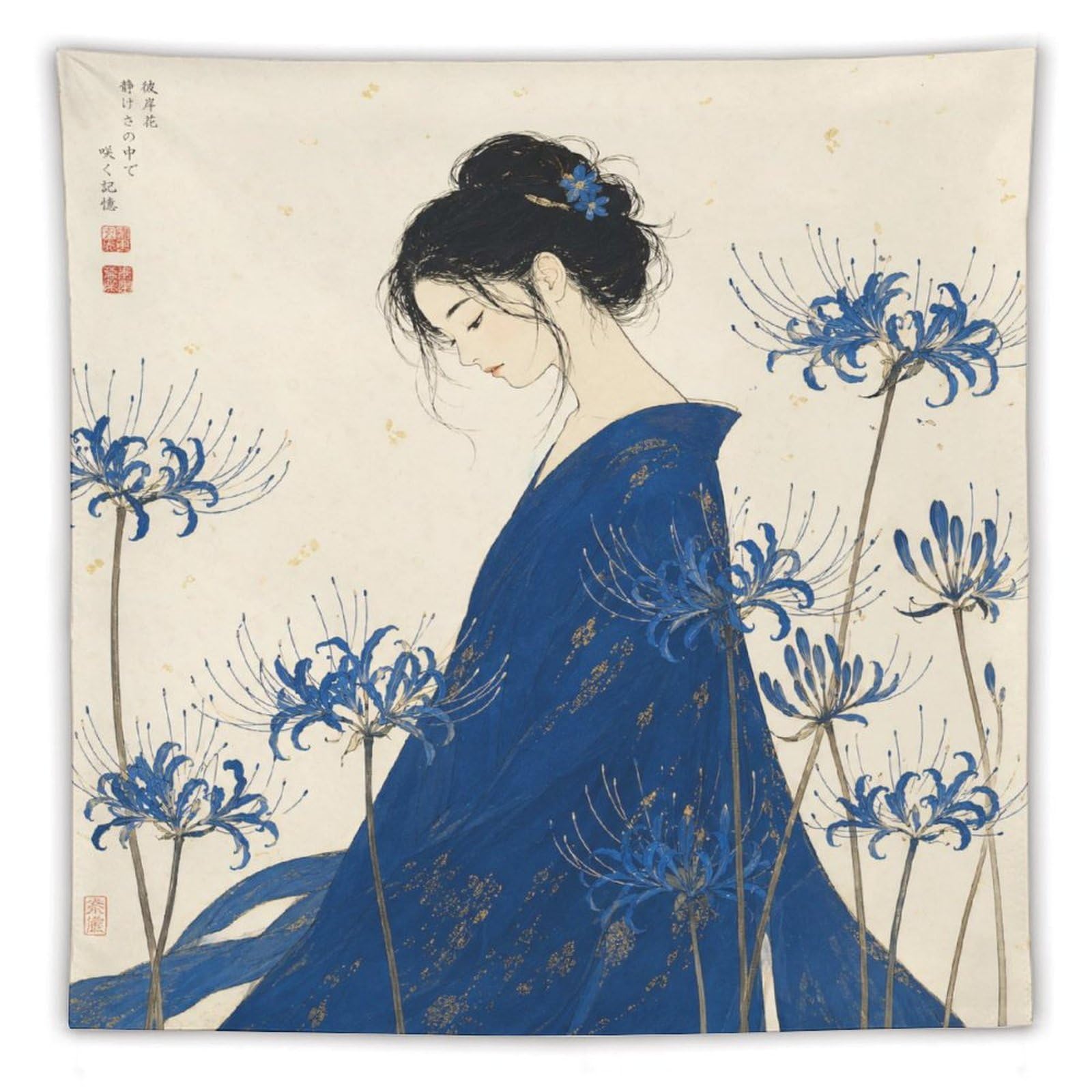 W7C8U2X3 Blue Kimono Woman Wall Tapestry, Ukiyo-e, Ceiling Hanging