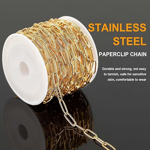 Miniatura 3 de KYUNHOO Cadena de acero inoxidable chapada en oro de 16.4 ft para hacer joyas, cadena ovalada en relieve de 0.157 in de ancho, cadena de joyería