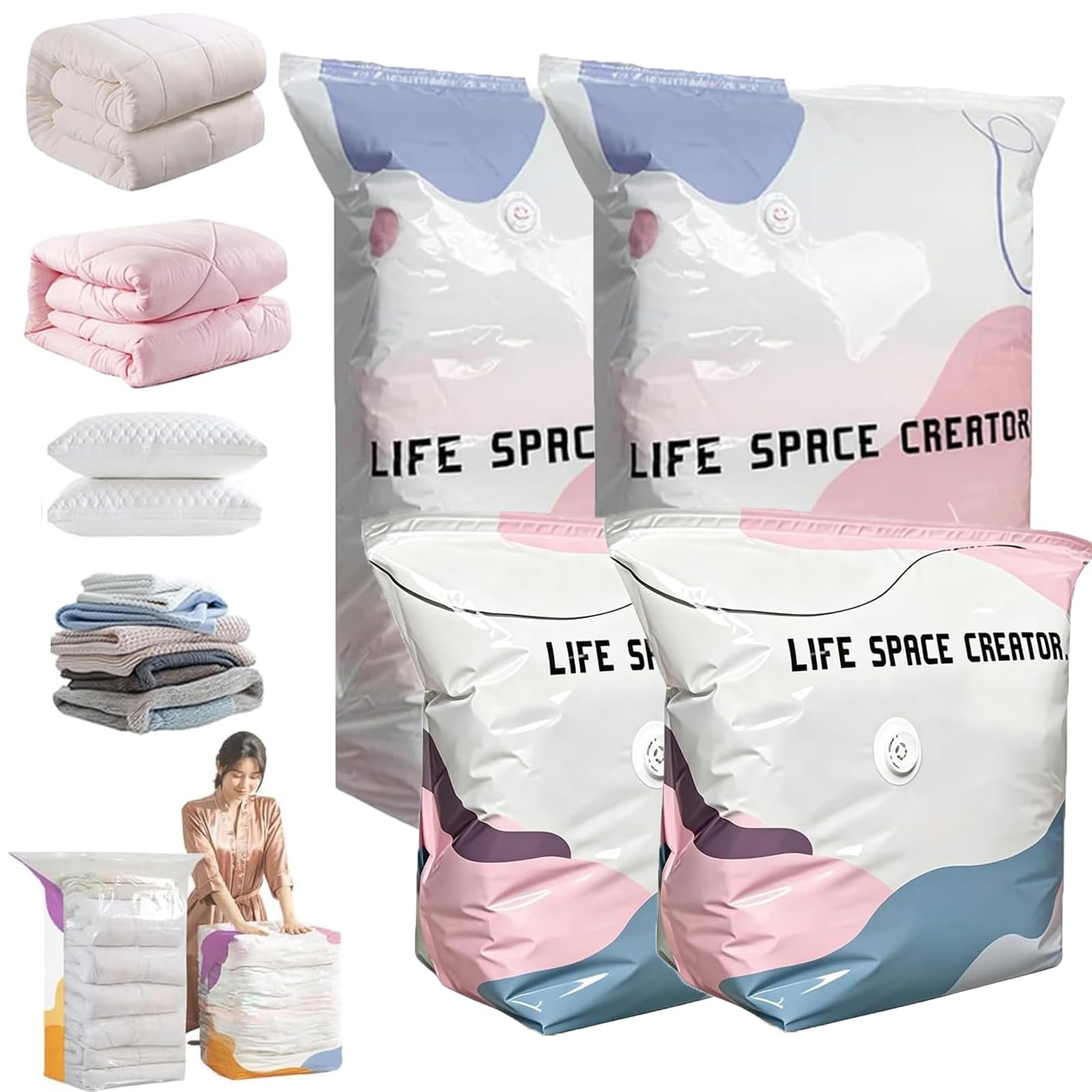 Large No-Pump 3D Vacuum Storage Bags 3-Sec Fast Compression, Press & Seal Roll-Up Compression Bags, Thickened Reusable Space Saver for Clothes, Duvets, Bedding & Travel (2M+2L)