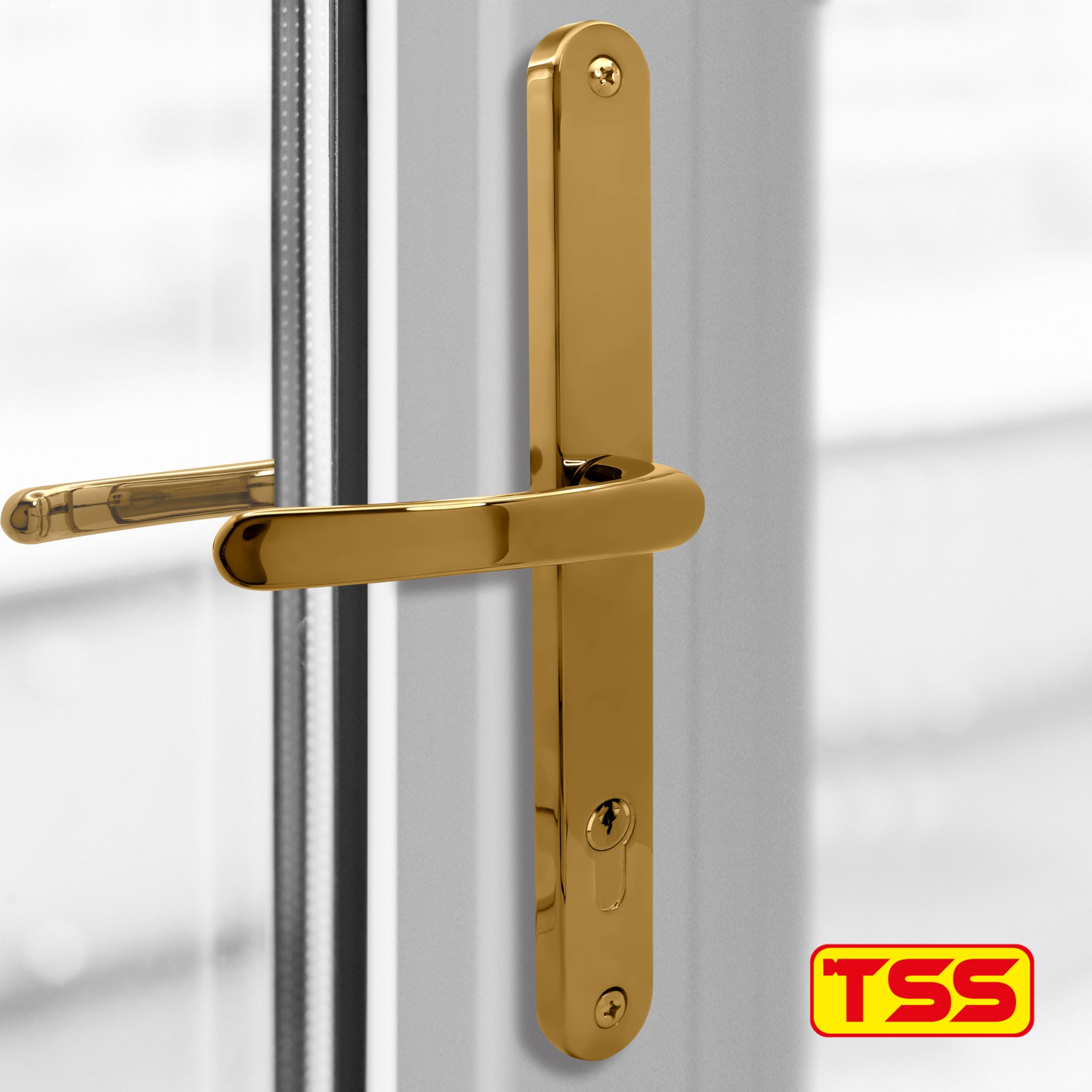 TSS Universal-Türgriffe aus UPVC – Hebel/Hebel – 92 mm PZ (Mitte) – 264 mm Schraube zu Schraube – Rückplatte 297 mm x 34 mm – UPVC-Türgriff – Außentürgriff (poliertes Messing)