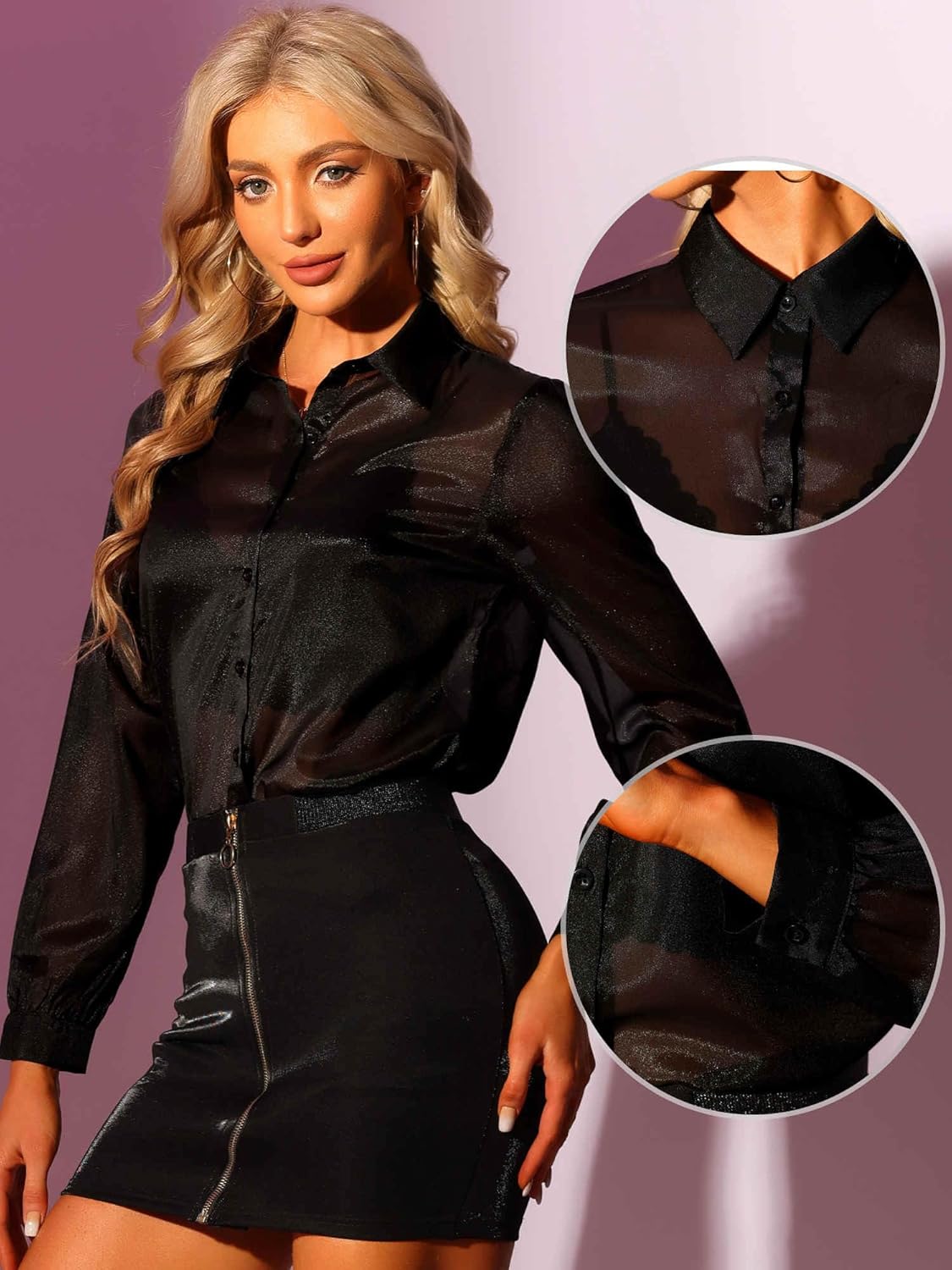 Allegra K Sheer Button Up Blouse for Women's See Through Mesh Long Sleeve Shirt Tops - Image 4