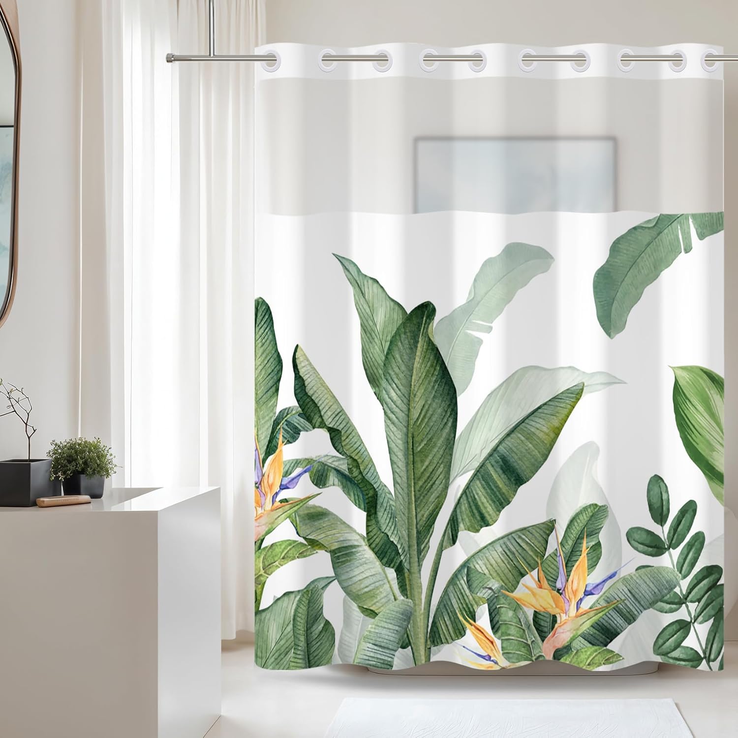 Baocicco No Hook Tropical Leaves Shower Curtain Set Watercolor Green Plants Decorative Fabric Bathroom Curtain with See-Through Top Window Modern Hotel Style Shower Curtains 71x71 Inch