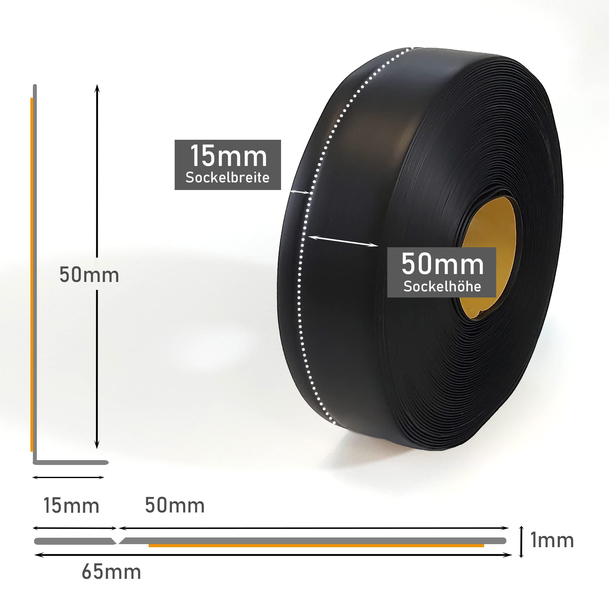 Sockelleiste LEMODO - 50 x 15 mm (Länge: 25 m, Farbe: schwarz) - Fußleisten zuschneidbar – Weichsockelleiste selbstklebend aus PVC – Abschlussleiste Küchenarbeitsplatte, Bad, Arbeitsplatte etc.