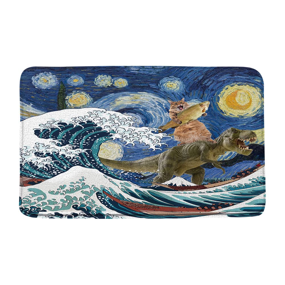 GCTNBJL Funny Cat Bath Mat Cute Kitty with Fish Riding Dinosaur Great Wave Strarry Sky Dino Japanese Style Oil Painting Bathroom Decor Rug Doormat