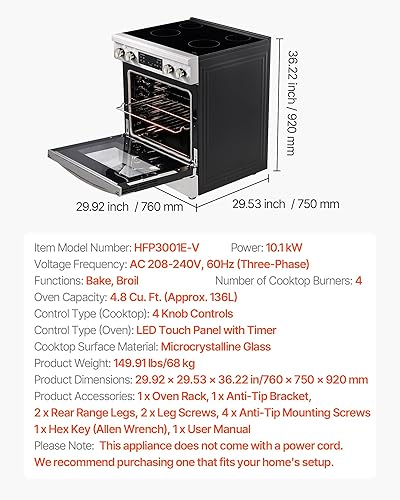 Miniatura 7 de VEVOR Horno eléctrico de 30 pulgadas, horno independiente compacto de 4.8 pies cúbicos de capacidad, estufa de cocina de acero inoxidable, con 4