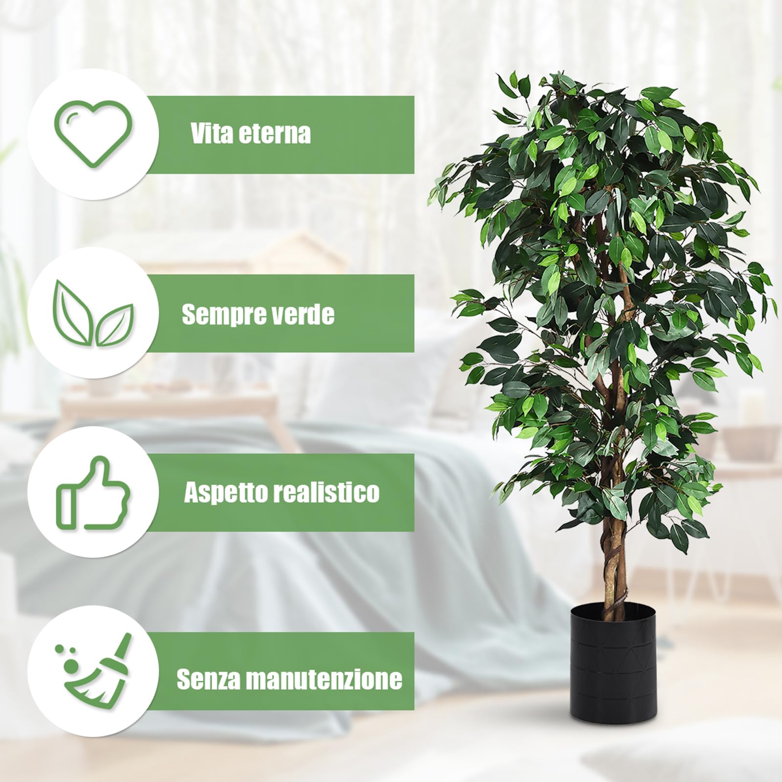 COSTWAY Pianta Finta da Interno da 180 cm, Albero Ficus Artificiale Elegante in Vaso, Pianta Artificiale per Salotto, Camera da Letto e Balcone