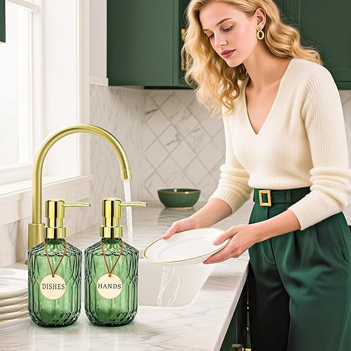 Miniatura 2 de Dispensador de jabón de vidrio verde (15.4 onzas, paquete de 2), dispensador de jabón para manos y platos de cocina con bomba dorada a prueba de