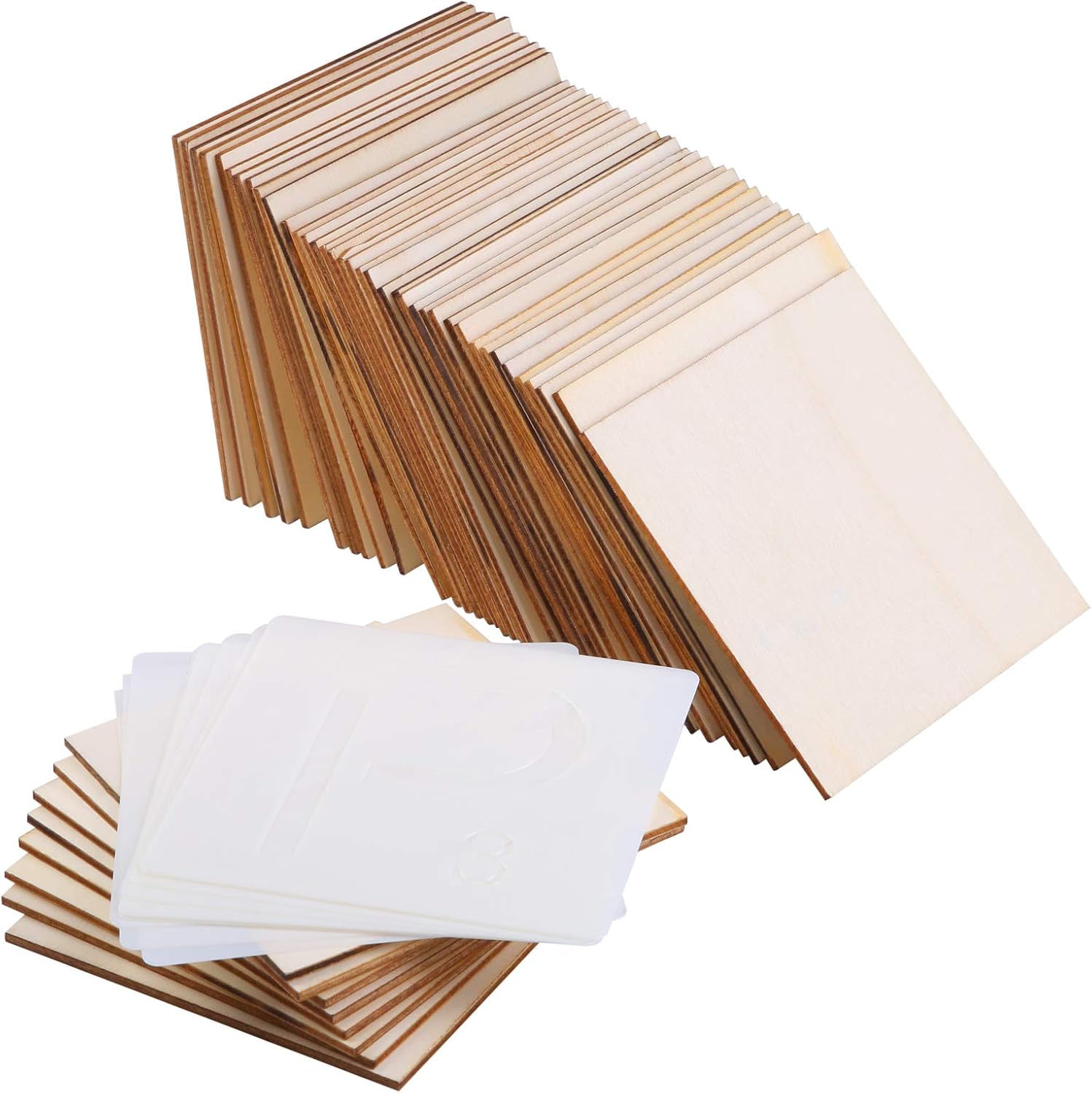 Ruisita 80 Pieces 4 x 4 inch Unfinished Blank Wood Pieces with 26 Pieces Letters Stencils for Home Décor, DIY Projects