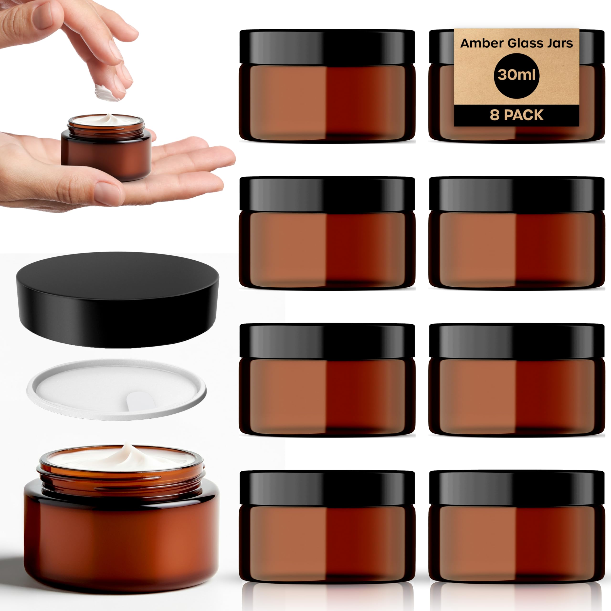 Amber Glass Jars - 8 Pack (30ml) with Lids - Brown Travel Cosmetic Containers with Spatula - UV Protection for Powder, Lotion and Cream