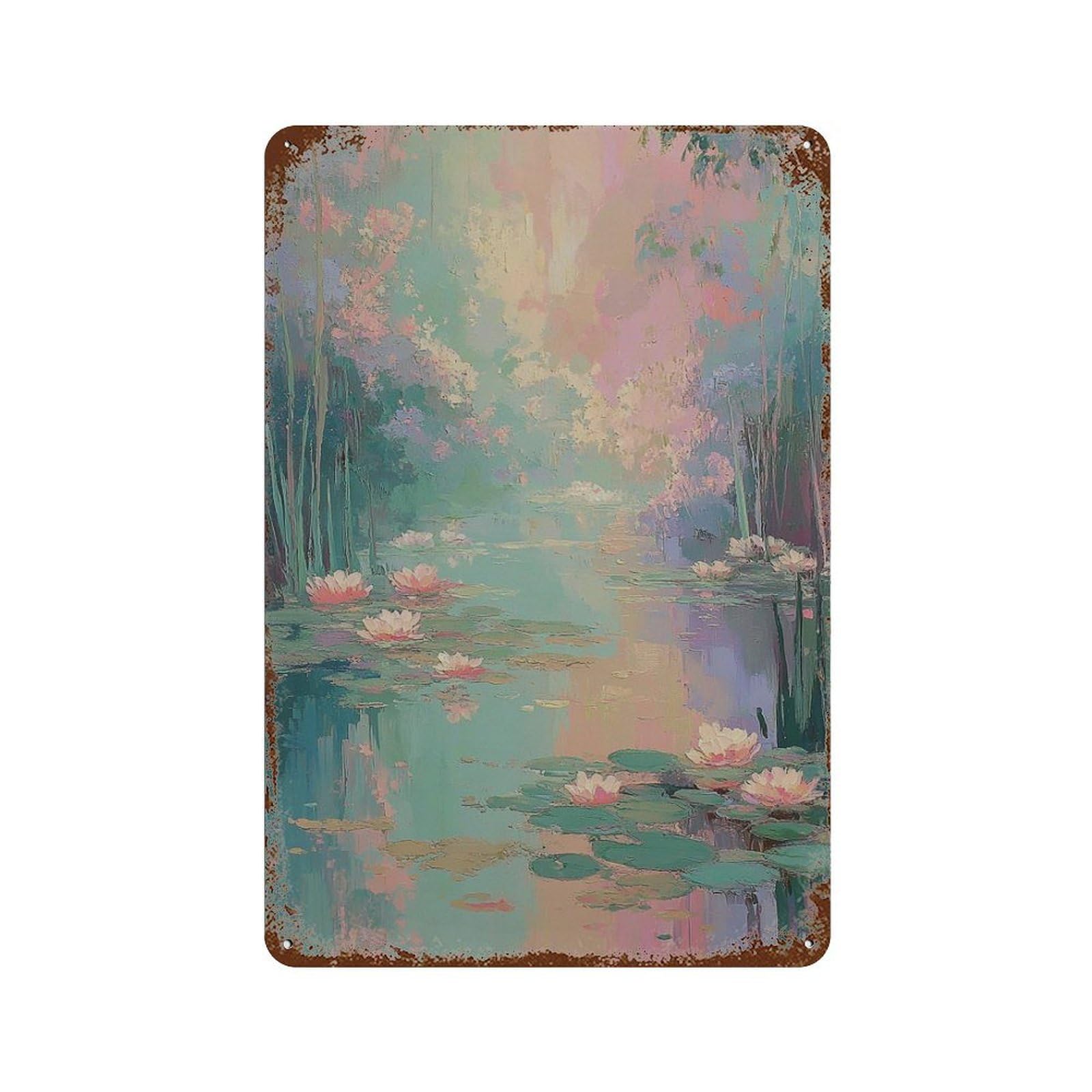xiaoxiaoshen Pastel Water Lily Impressionist Pond Dreamy Floral Landscape Bedroom And Living Wall Decor Art Metal Tin Poster Modern Home Decor Art Home Bar Shop Decorations Vintage Sign 30x20cm