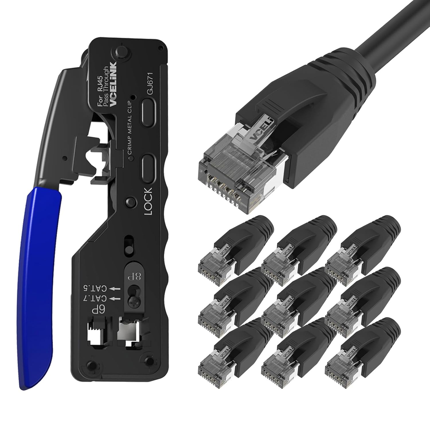 VCELINK RJ45 Connectors Pass Through CAT6A CAT7 Shielded 10-Pack Bundle with RJ45 Crimping Tool Pass Through, Ethernet Wire Cutter Crimper