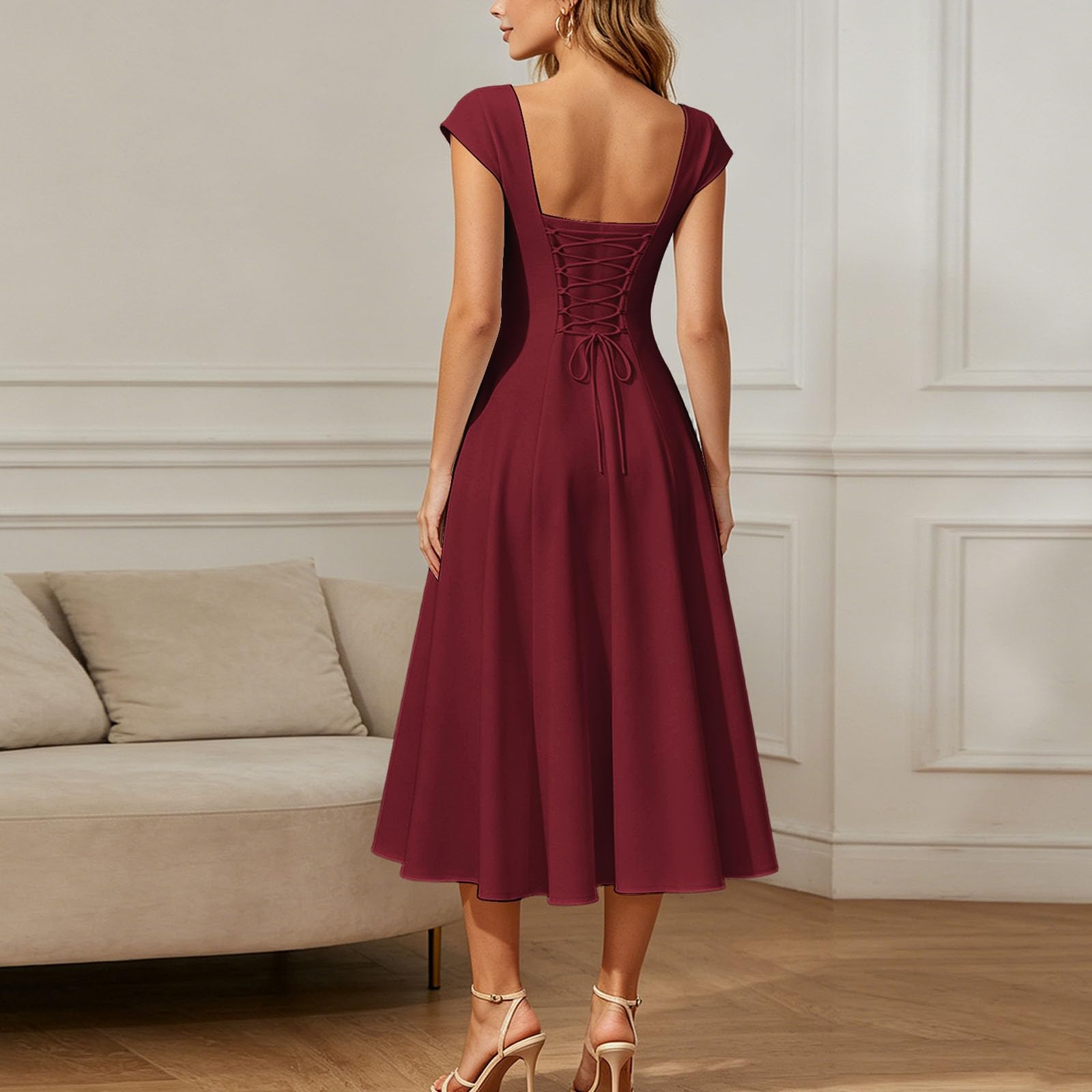 Abito estivo da donna lungo sciancrato, elegante, lunghezza al ginocchio, abito estivo lungo, scollo quadrato, vita alta, maniche a sbuffo, lunghezza al ginocchio, leggero e arioso