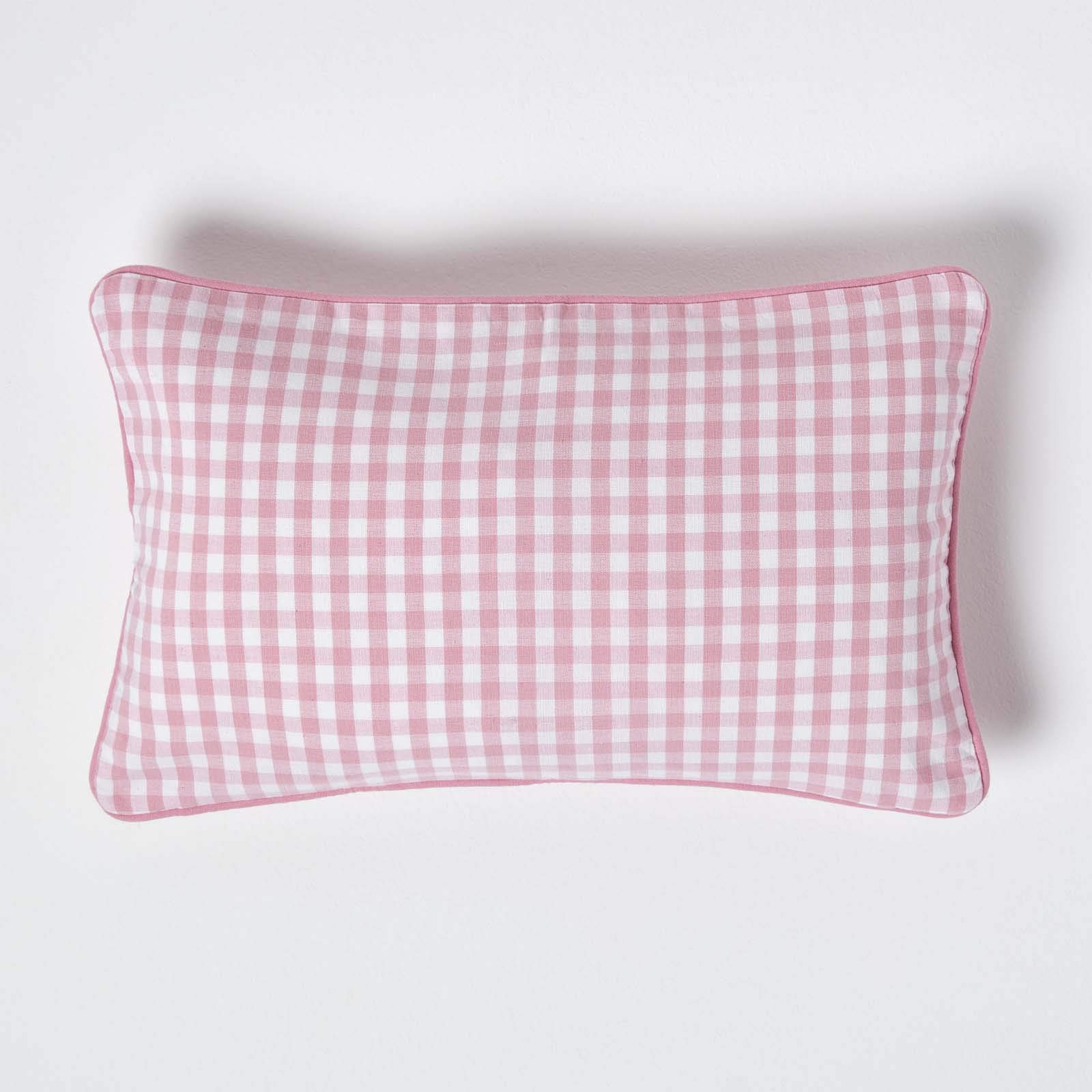 HOMESCAPES - 100% Cotton - Gingham Check - Cushion Cover - 30 x 50 cm Rectangular - 12 x 20 Inches - Pink White - 100% Cotton Sofa Pillow Cushion Cover - Washable