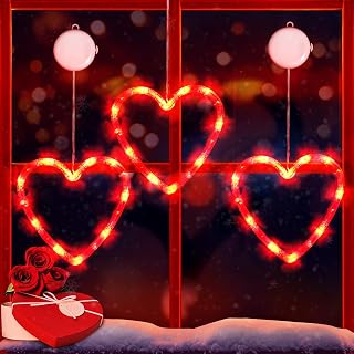 Valentine Day Window Lights,3PCS Valentines Decorations Heart Lights with Suction Cup,Timer,Battery Operated Indoor String Lights for Home Wedding Anniversary(Red)