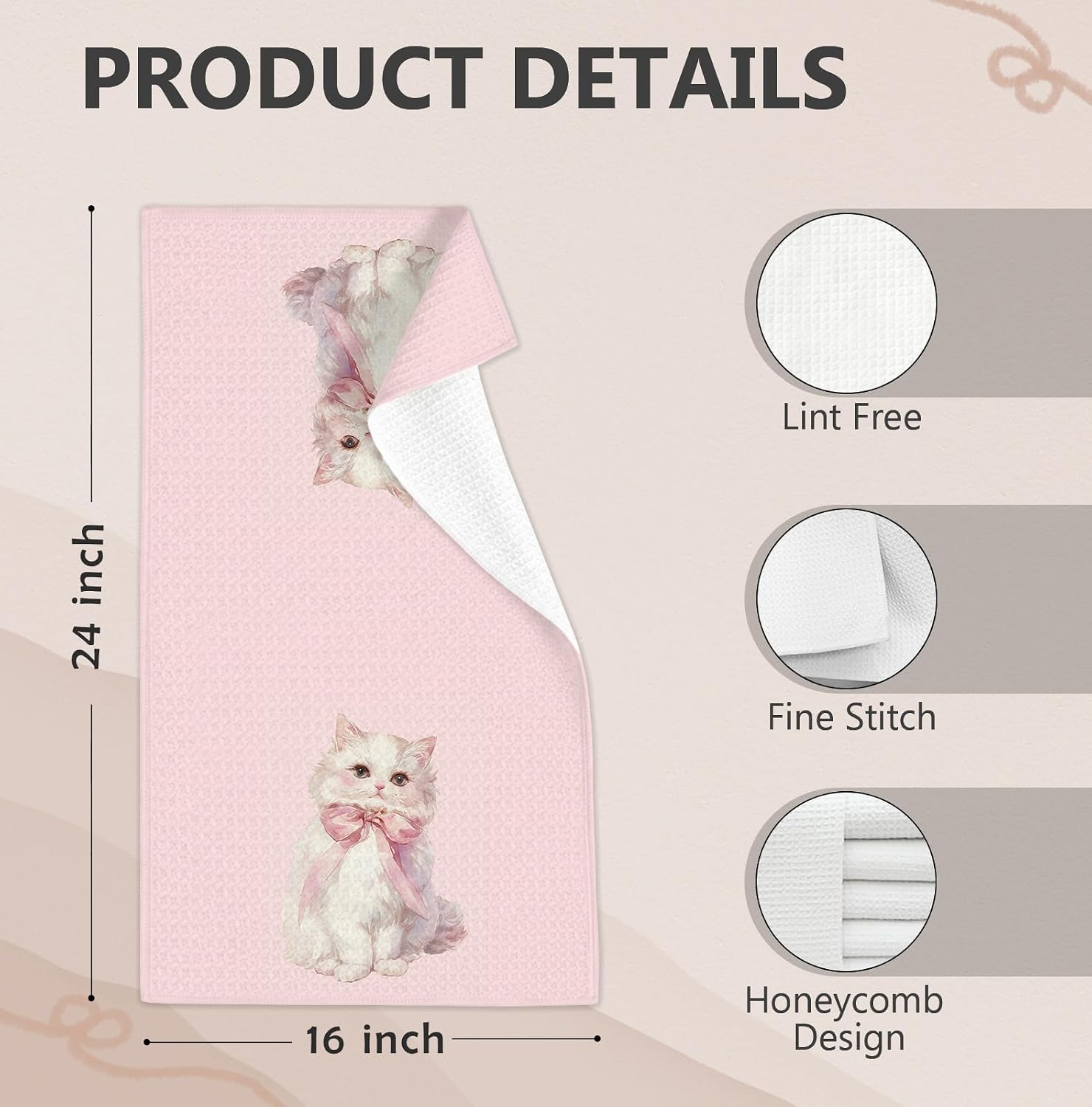 Coquette Pink Bow Cat Kitchen Towels, Cat Mom Lady Lovers Gifts Hand Towels for Bathroom, Girly Preppy White Kitty Dish Tea Towel for Kitchen Decor, 16x24 Inch