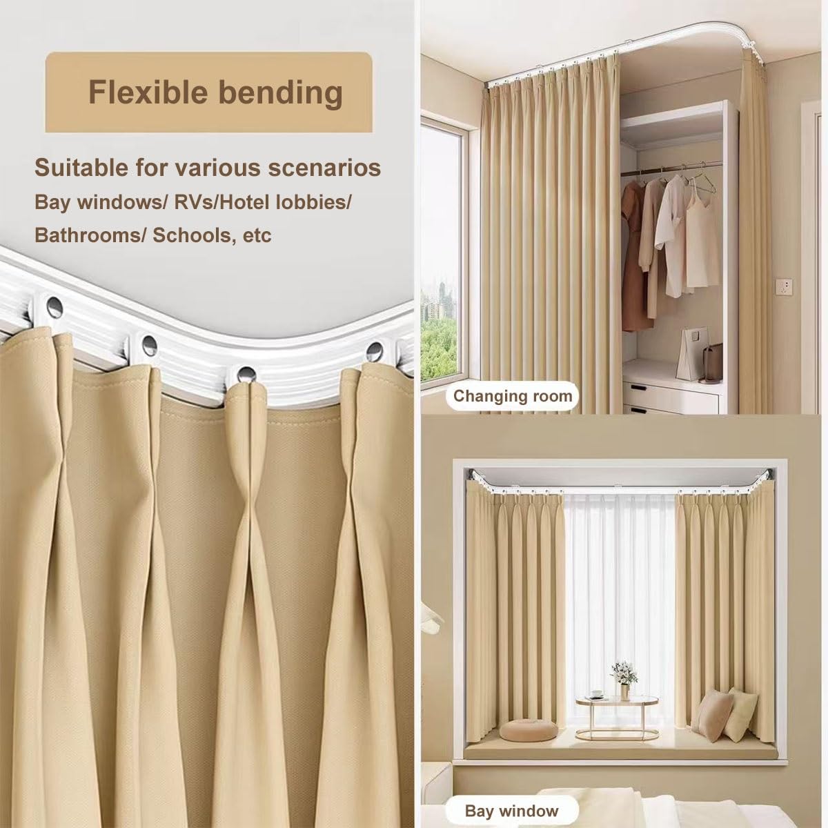 Riel de cortina flexible, doble riel de techo ajustable para ventanas de bahía, ideal para el hogar, la oficina