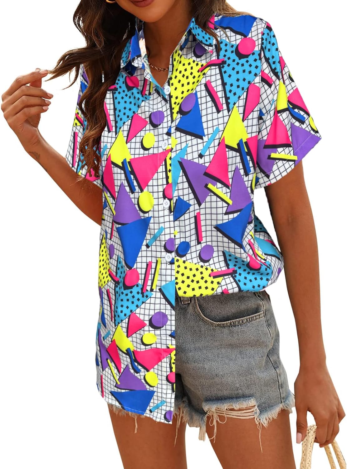 80s 90s Outfits for Women Hawaiian Retro Party Disco Neon Outfits Neon Short Sleeve Button Down Blouse Tops - Image 4