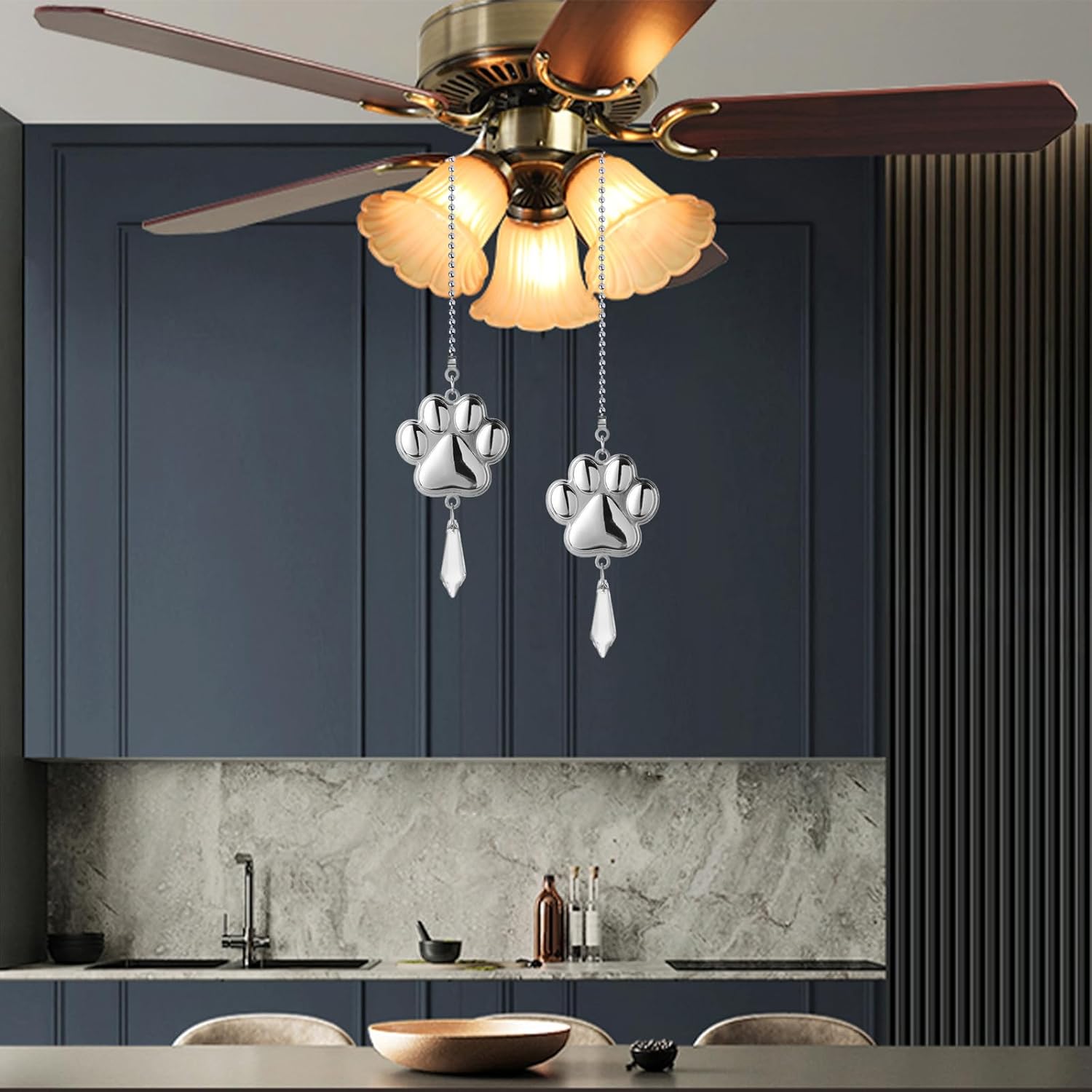 2 Pieces Crystal Ceiling Fan Pull Chain Decorative Silver Pet Footprints Pull Chain Ornaments Extension 24 Inch Ceiling Ornament with Connectors