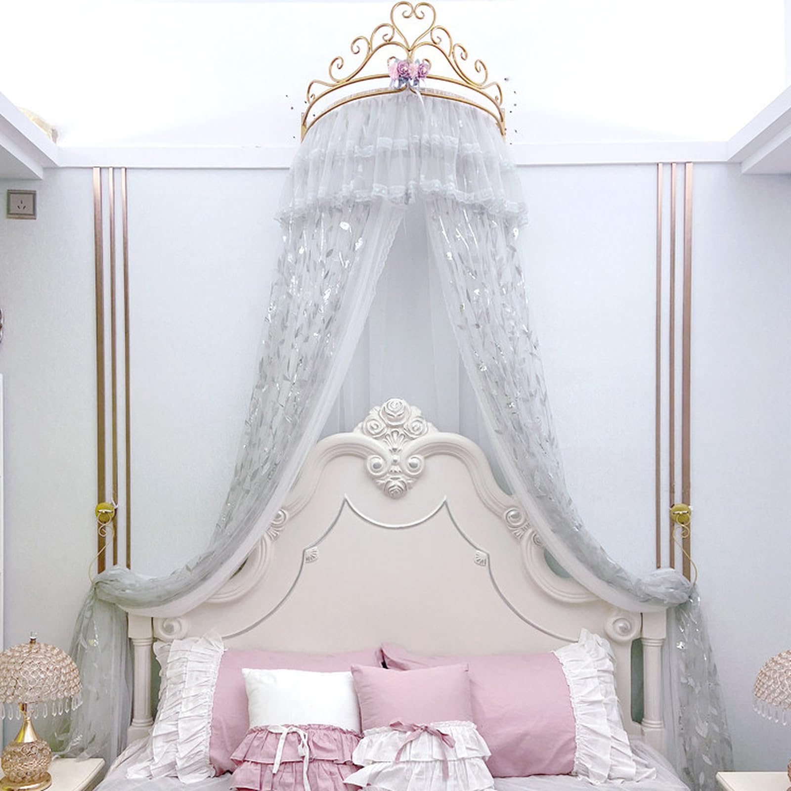 SDCGB Princess Bed Canopy for Girls & Adults, Royal Luxurious Cozy Bed Curtain with Crown, Double Layer Decorative Drapery, White