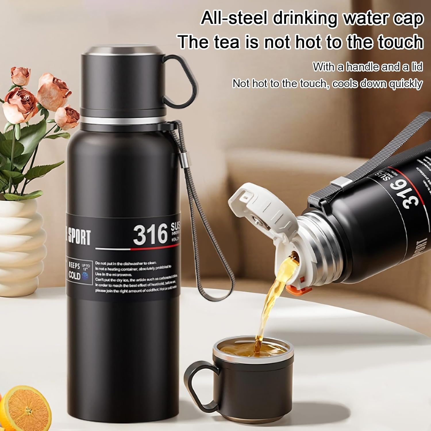 Double wall vacuum Leakproof stainless steel wide mouth insulated water bottle;tea tumbler with tea strainer infuser basket,cup and lid; travel coffee thermoses hot drinks;portable cold thermal flask