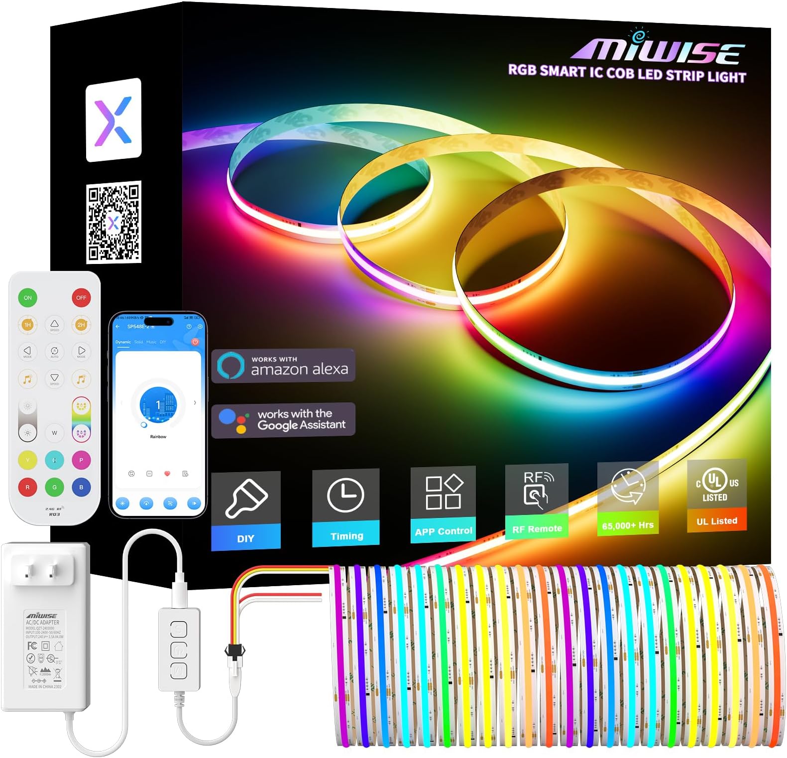 MIWISERGB Smart IC COB LED Strip Light,20ft Color Chasing Flexible LED Tape Light,WS2811 Addressable RGB Strip with APP Control/Music Mode,Work with Alexa/Google,for Party/Home DIY Lighting Projects