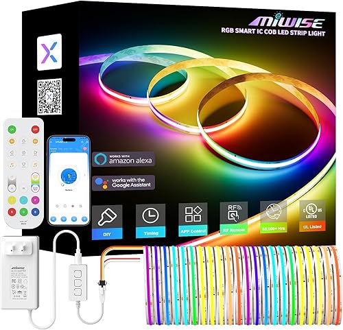 MIWISE Tira de luz LED RGB Smart IC COB, luz de cinta LED flexible de 20 pies, tira RGB direccionable WS2811 con control de aplicaciónmodo de