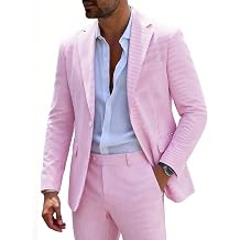 MOGU Men Seersucker Summer Suit 2 Piece Casual Slim Fit Striped Suits for Beach Wedding Proms Grooms