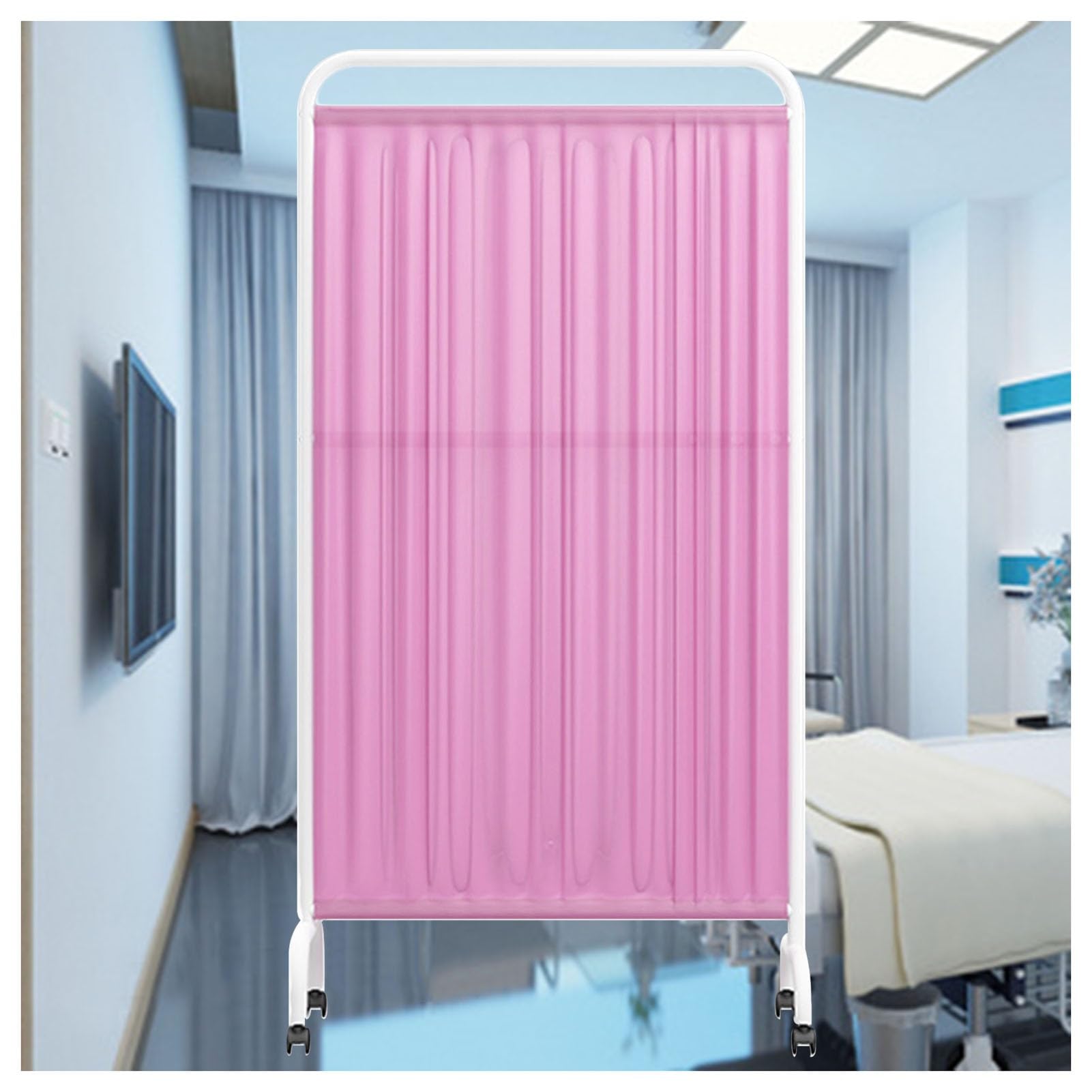 Paravent médical rose à 2 panneaux mobiles sur roulettes pour cabinet