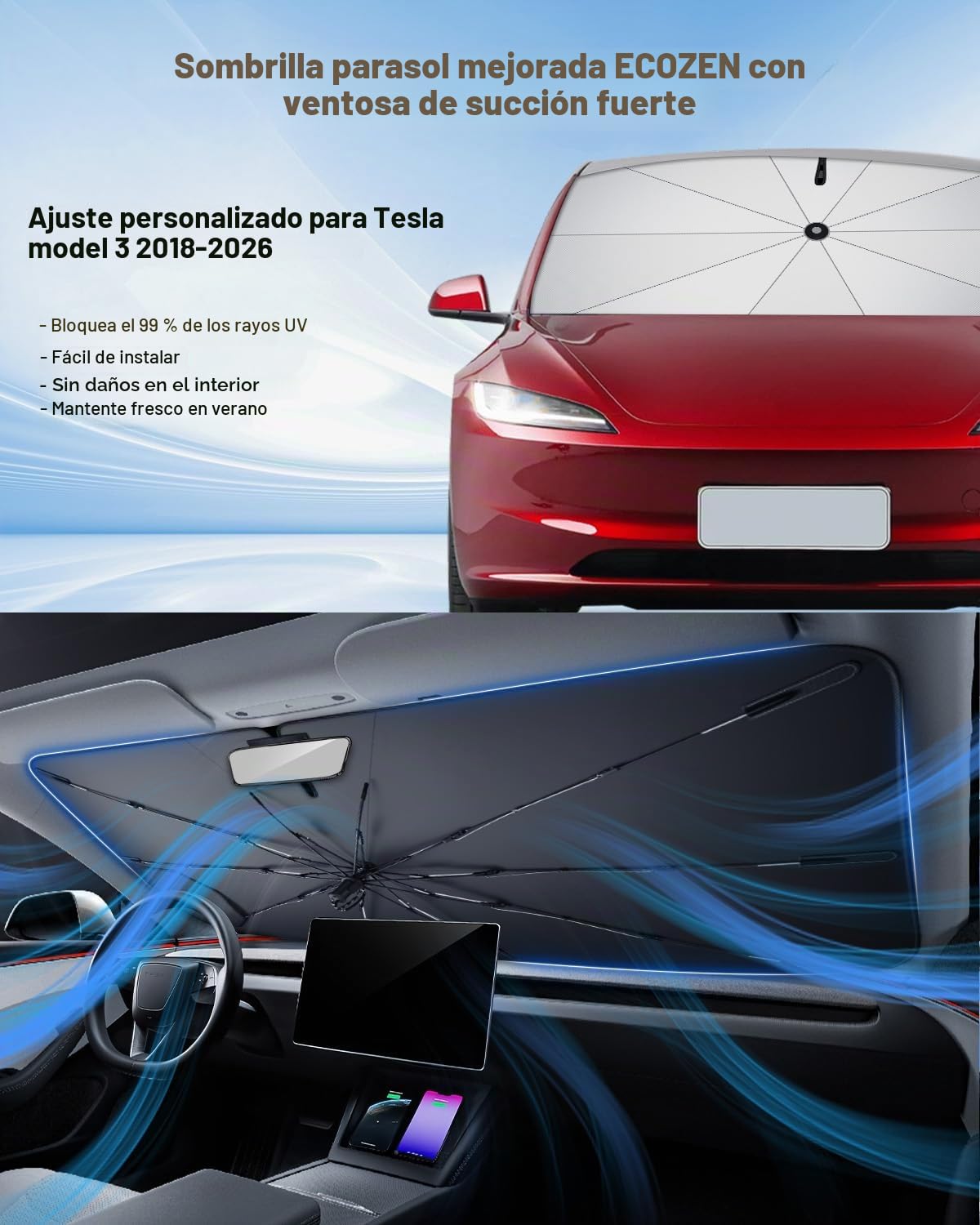 ECOZEN Parasol para Parabrisas Delantero de Coche Tesla Model 3 2018-2026, Parasol Autoadhesivo Coche Delantero Plegable Protección UV y Solar Parasol de Verano Accesorios Tesla Model 3