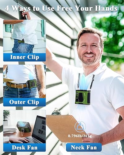 Miniatura 3 de CAMPERFECT Ventilador de cintura portátil con clip, recargable de 10000 mAh, 5 velocidades, 16000 RPM, ventilador de camisa manos libres con luz LED