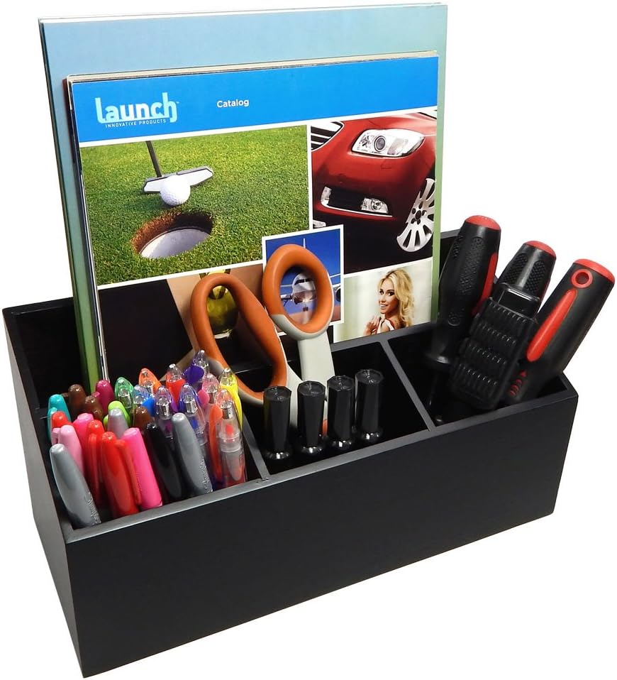 Buchanan Black Wood 4 Compartment Office Desk Organizer Caddy, Large