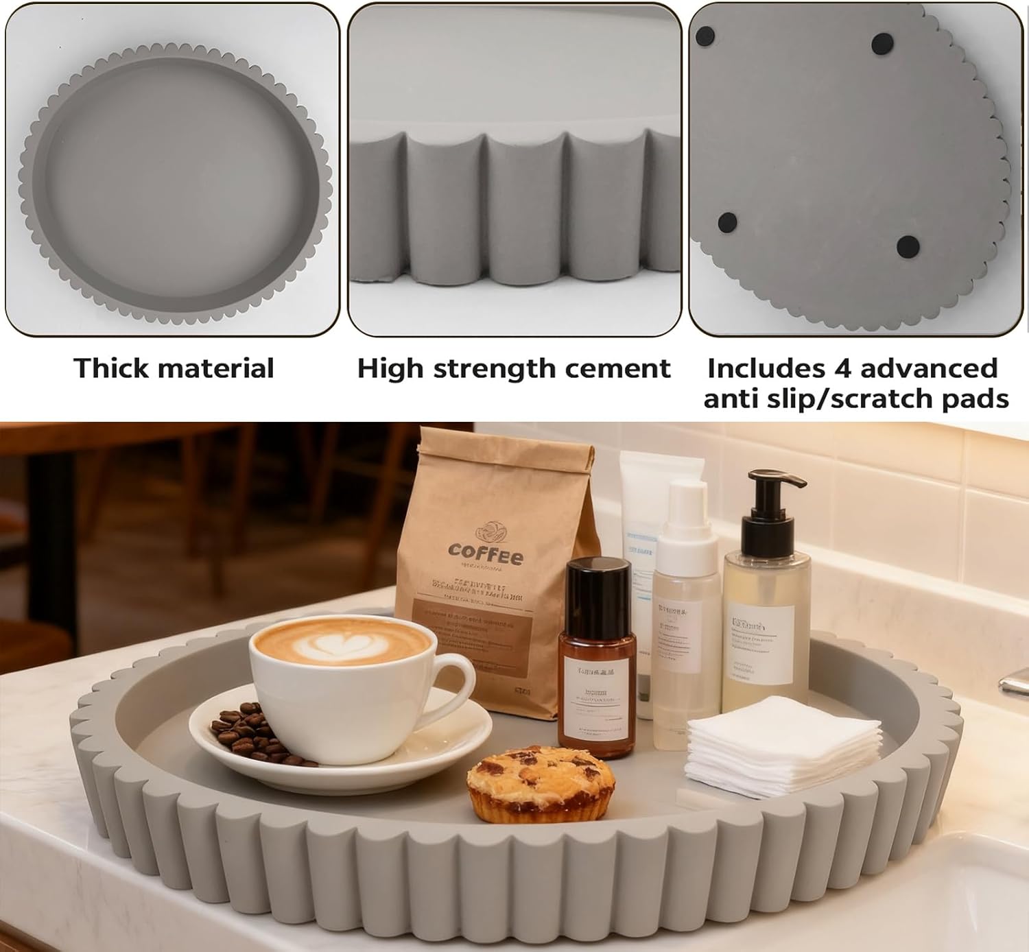 Oval Tray for Coffee Table Décor 13" Concrete Modern Decorative Trays Home Décor Accents -Circle Coffee Table Centerpieces - Island Decor Contemporary Decor Tray (Premium Grey) - Image 3