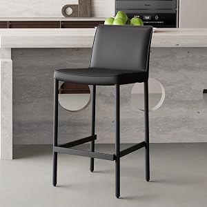 Kidol & Shellder Black Bar Stool Single Pack Faux Leather Counter Height Barstool with Back and Metal Legs, Upholstered Modern Bar Chair for Kitchen Island, No Assembly