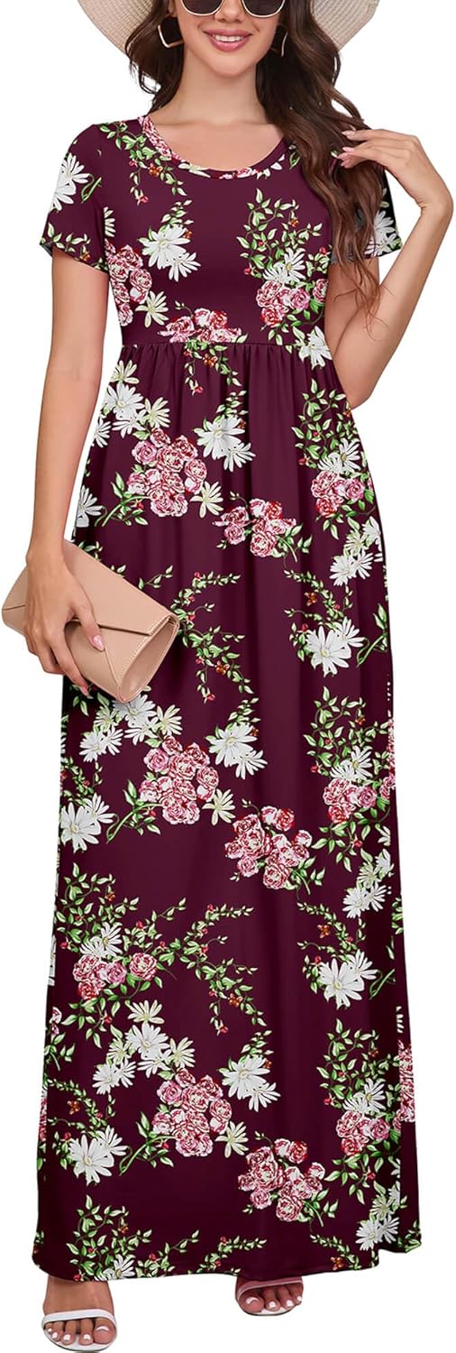 DEARCASE Maxi Dress for Women Short Sleeve Casual Summer Loose Plain Comfy Long Dresses with Pockets