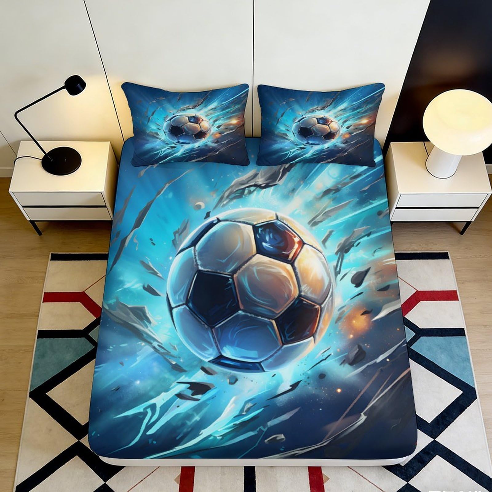 3D Printed Blue Soccer Fitted Sheet Microfiber Soft Slip-Resistant Lightning Bed Cover for Bedroom Dorm Decor 90x200x25cm