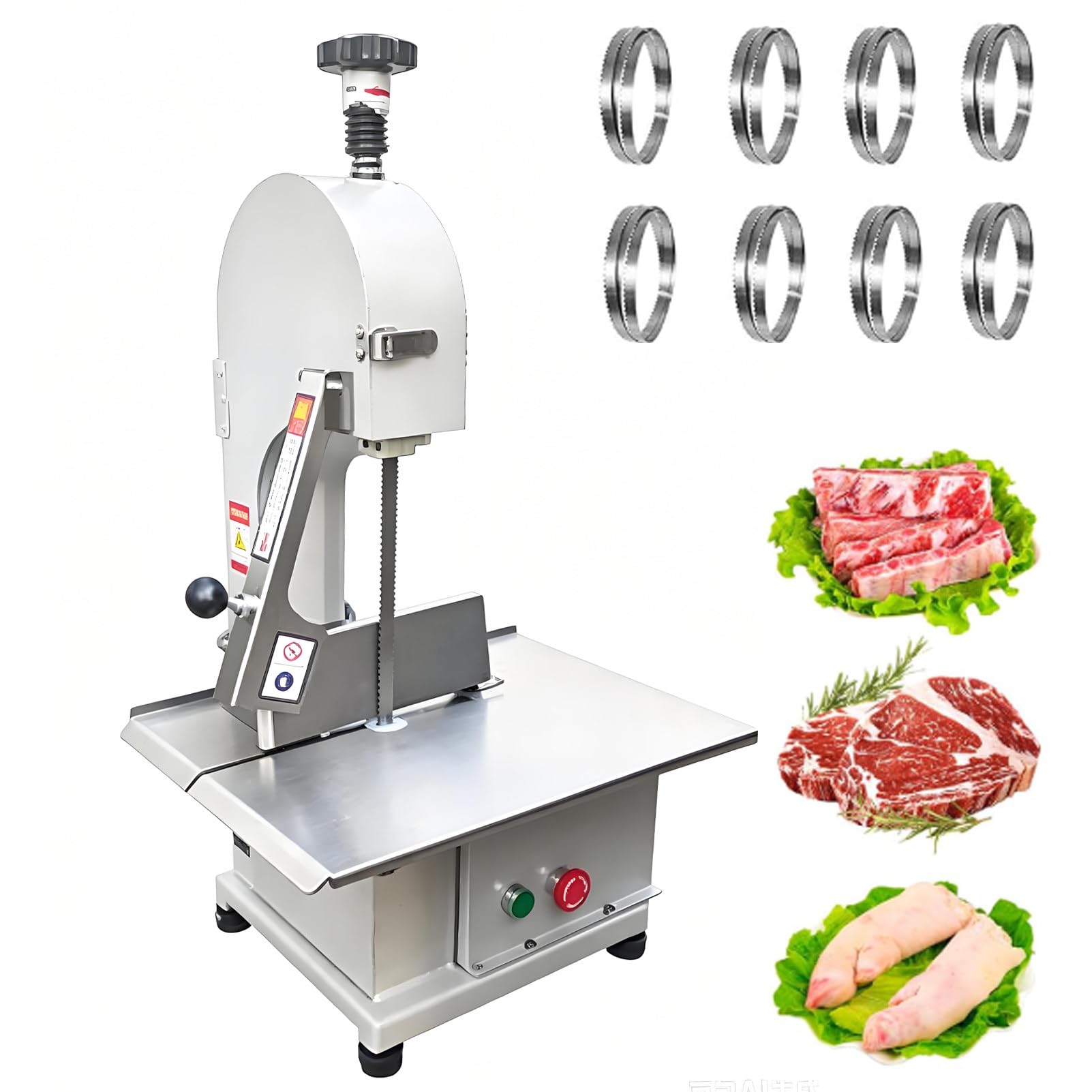Ofyphth Commercial Bone Saw Bandsaw, Butchers Meat Cutting Slicer, with 8 Blades, 200-300kg/h, Stainless Steel Countertop Bone Sawing Machine, for Cutting Bone, Pork, Beef.
