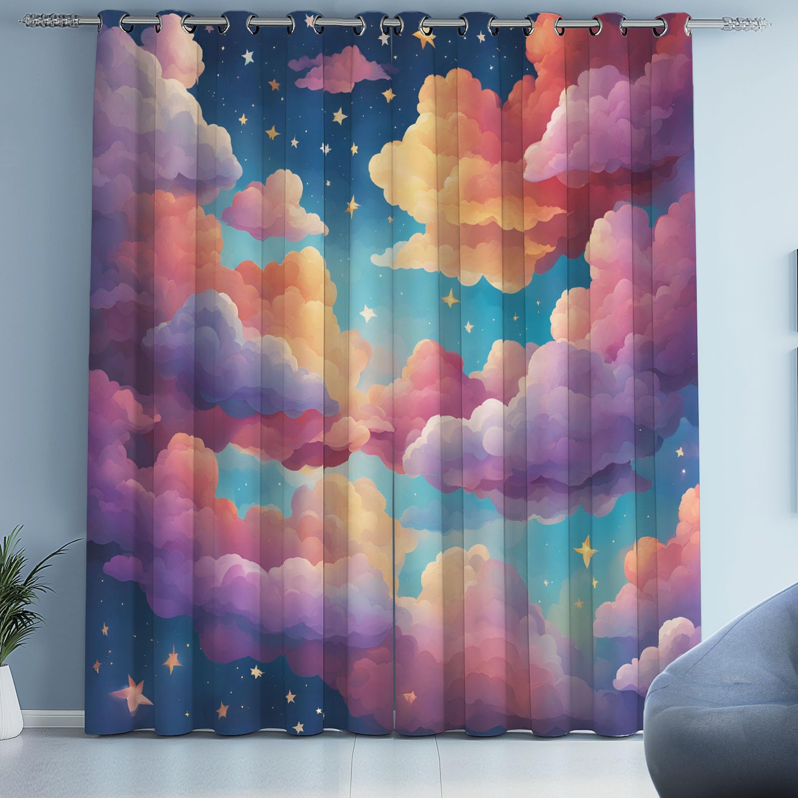 Rideaux Occultant À Oeillets Colorés Nuage Lot De 2 Fantaisie Enfant Rideau Thermiques Anti Froid Ciel Étoilé Rideau Opaque 140x145 cm pour Chambre Salon Chambre Bebe