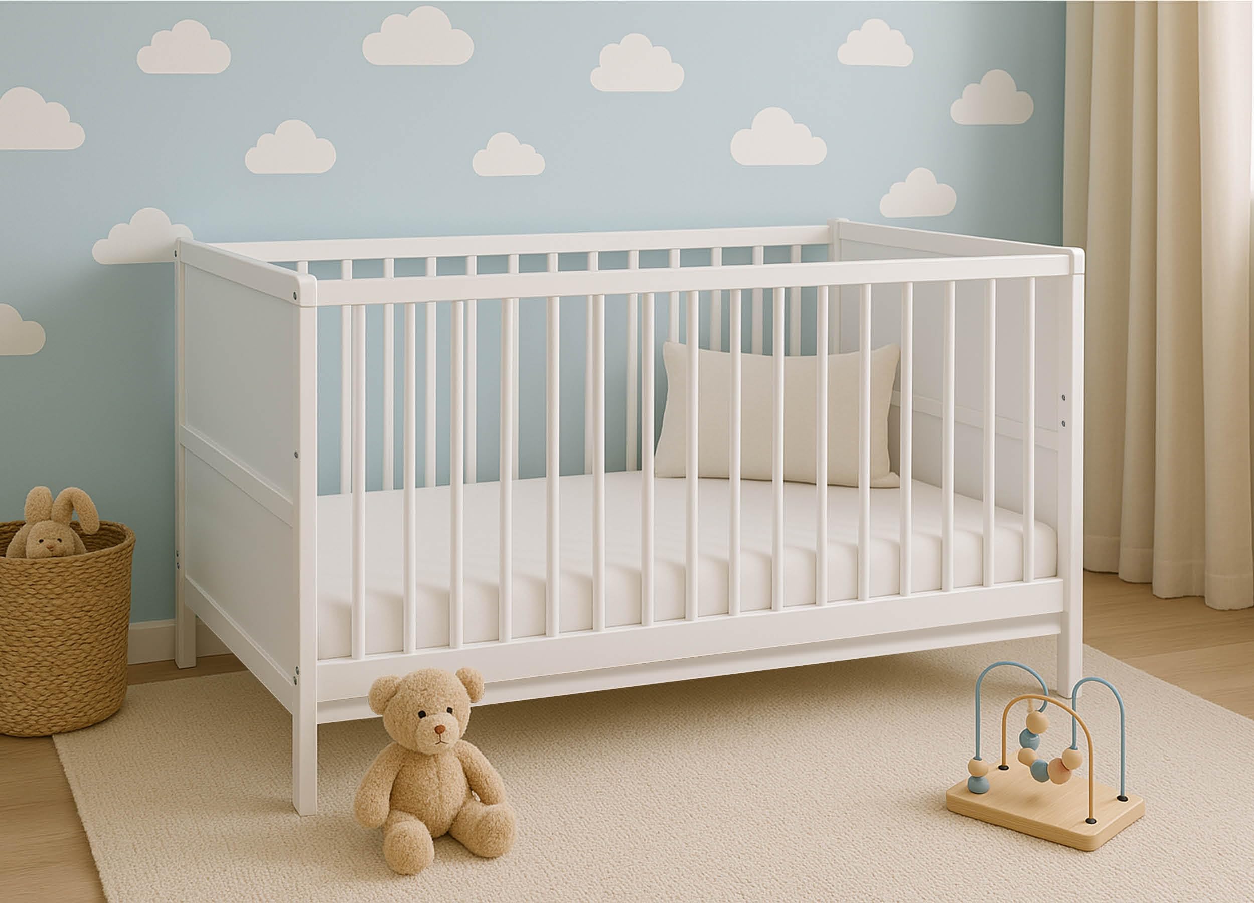 Lit bébé évolutif Nelly 120x60 cm – Bois de hêtre – Lit Junior Convertible – Sommier réglable – en 716 (Blanc)